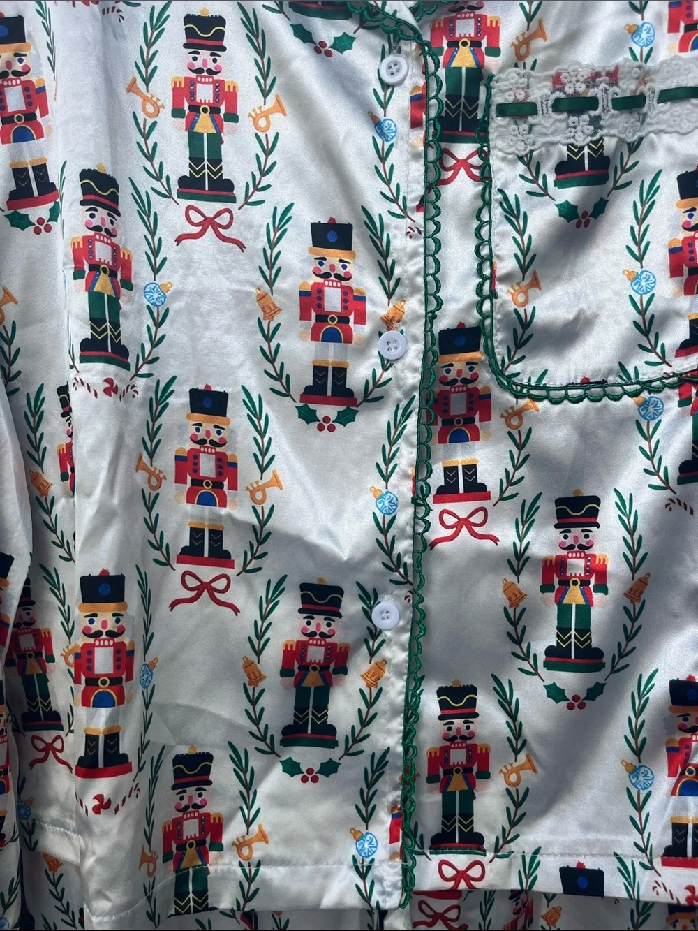 Nutcracker Print Satin Pajama Set - White with Red & Green